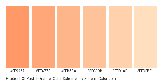 Gradient of Pastel Orange - Color scheme palette thumbnail - #FF9967 #FFA778 #FFB58A #FFC39B #FFD1AD #FFDFBE 