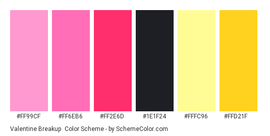 Valentine Breakup - Color scheme palette thumbnail - #FF99CF #FF6EB6 #FF2E6D #1E1F24 #FFFC96 #FFD21F 