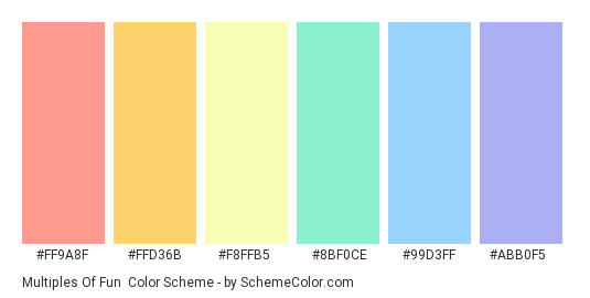 Multiples of Fun - Color scheme palette thumbnail - #FF9A8F #FFD36B #F8FFB5 #8BF0CE #99D3FF #ABB0F5 
