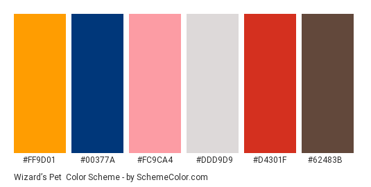 Wizard’s Pet - Color scheme palette thumbnail - #FF9D01 #00377A #FC9CA4 #DDD9D9 #D4301F #62483B 