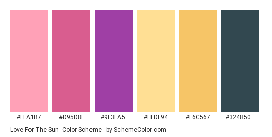 Love for the Sun - Color scheme palette thumbnail - #FFA1B7 #D95D8F #9F3FA5 #FFDF94 #F6C567 #324850 