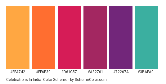 Celebrations in India - Color scheme palette thumbnail - #FFA742 #FF6E30 #D61C57 #A32761 #72267A #3BAFA0 