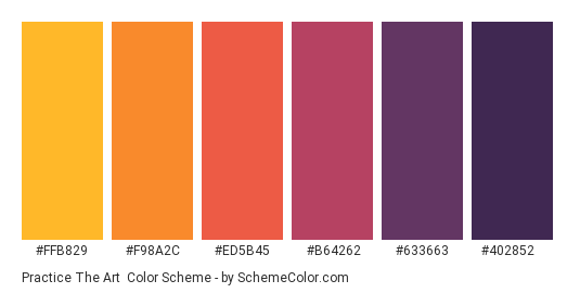 Practice the Art - Color scheme palette thumbnail - #FFB829 #F98A2C #ED5B45 #B64262 #633663 #402852 