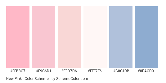 New Pink & Blue Pastels - Color scheme palette thumbnail - #FFB8C7 #F9C6D1 #F9D7D6 #FFF7F6 #B0C1DB #8EACD0 