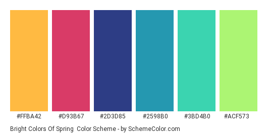Bright Colors of Spring - Color scheme palette thumbnail - #FFBA42 #D93B67 #2D3D85 #2598B0 #3BD4B0 #ACF573 