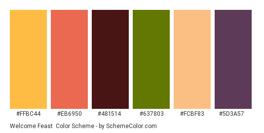 Welcome Feast - Color scheme palette thumbnail - #FFBC44 #EB6950 #481514 #637803 #FCBF83 #5D3A57 