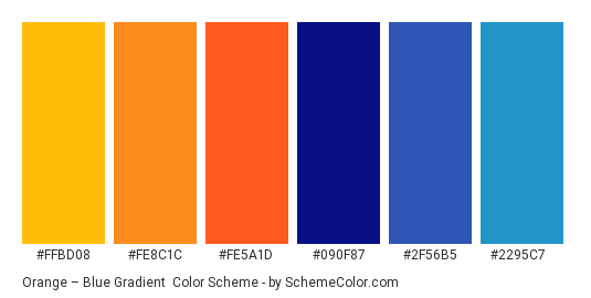 Orange – Blue Gradient - Color scheme palette thumbnail - #FFBD08 #FE8C1C #FE5A1D #090F87 #2F56B5 #2295C7 