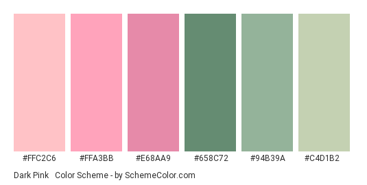 Dark Pink & Green Pastels - Color scheme palette thumbnail - #FFC2C6 #FFA3BB #E68AA9 #658C72 #94B39A #C4D1B2 