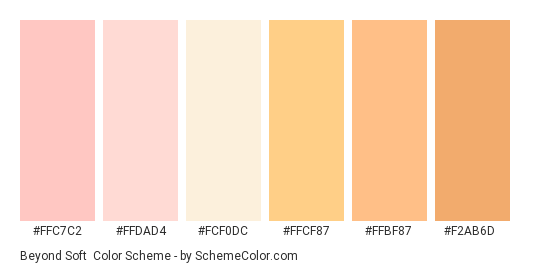 Beyond Soft - Color scheme palette thumbnail - #FFC7C2 #FFDAD4 #FCF0DC #FFCF87 #FFBF87 #F2AB6D 