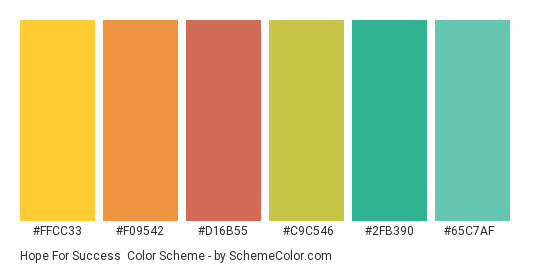 Hope for Success - Color scheme palette thumbnail - #FFCC33 #F09542 #D16B55 #c9c546 #2FB390 #65c7af 