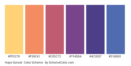 Hope Sunset - Color scheme palette thumbnail - #FFD278 #F38C61 #C05C72 #79458A #4C3E87 #516BB0 