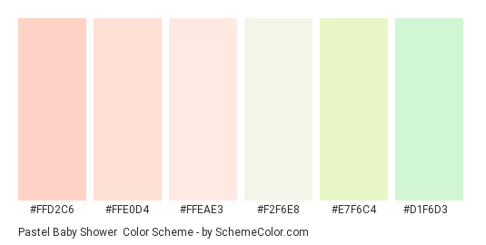 Pastel Baby Shower - Color scheme palette thumbnail - #FFD2C6 #FFE0D4 #FFEAE3 #F2F6E8 #E7F6C4 #D1F6D3 