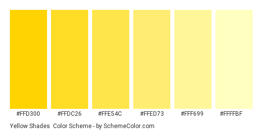 Yellow Shades - Color scheme palette thumbnail - #FFD300 #FFDC26 #FFE54C #FFED73 #FFF699 #FFFFBF 