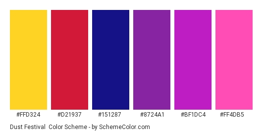 Dust Festival - Color scheme palette thumbnail - #FFD324 #D21937 #151287 #8724A1 #BF1DC4 #FF4DB5 