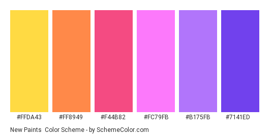 New Paints - Color scheme palette thumbnail - #FFDA43 #FF8949 #F44B82 #FC79FB #B175FB #7141ED 
