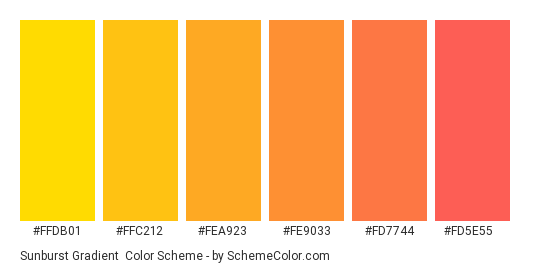 Sunburst Gradient - Color scheme palette thumbnail - #FFDB01 #FFC212 #FEA923 #FE9033 #FD7744 #FD5E55 