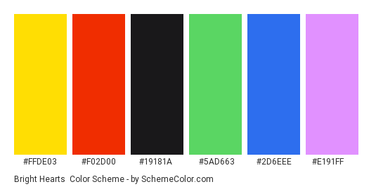 Bright Hearts - Color scheme palette thumbnail - #FFDE03 #F02D00 #19181A #5AD663 #2D6EEE #E191FF 