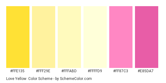 Love Yellow - Color scheme palette thumbnail - #FFE135 #FFF29E #FFFABD #FFFFD9 #FF87C3 #E85DA7 
