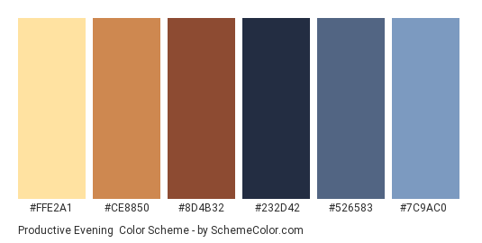 Productive Evening - Color scheme palette thumbnail - #FFE2A1 #CE8850 #8D4B32 #232D42 #526583 #7C9AC0 