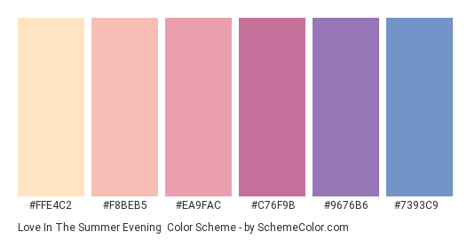 Love in the Summer Evening - Color scheme palette thumbnail - #FFE4C2 #F8BEB5 #EA9FAC #C76F9B #9676B6 #7393C9 
