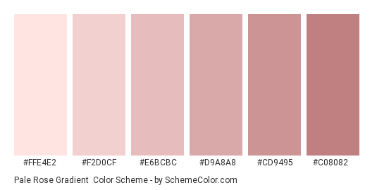Pale Rose Gradient - Color scheme palette thumbnail - #FFE4E2 #F2D0CF #E6BCBC #D9A8A8 #CD9495 #C08082 