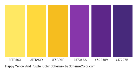 Happy Yellow and Purple - Color scheme palette thumbnail - #FFE863 #FFD93D #F5BD1F #8736AA #5D2689 #47297B 