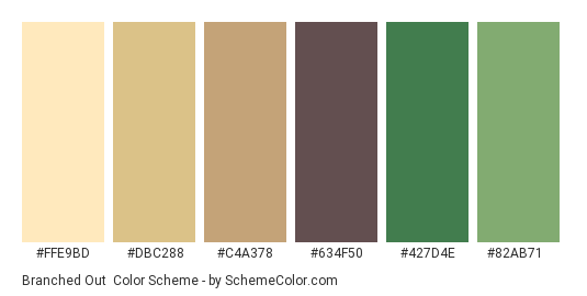 Branched Out - Color scheme palette thumbnail - #FFE9BD #DBC288 #C4A378 #634F50 #427D4E #82AB71 