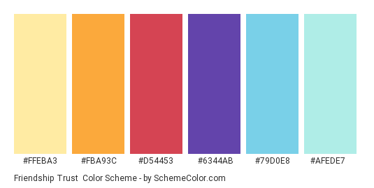 Friendship Trust - Color scheme palette thumbnail - #FFEBA3 #FBA93C #D54453 #6344AB #79D0E8 #AFEDE7 