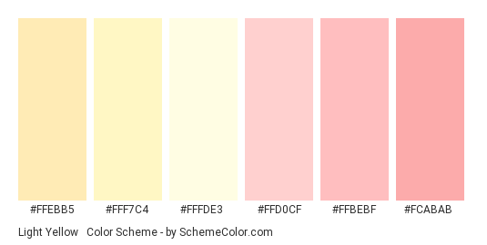 Light Yellow & Red Pastels - Color scheme palette thumbnail - #FFEBB5 #FFF7C4 #FFFDE3 #FFD0CF #ffbebf #FCABAB 