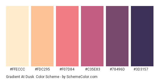 Gradient at Dusk - Color scheme palette thumbnail - #FFECCC #FDC295 #F07D84 #C35E83 #78496D #3D3157 