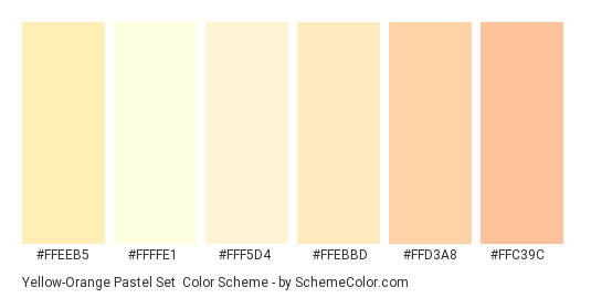 Yellow-Orange Pastel Set - Color scheme palette thumbnail - #FFEEB5 #FFFFE1 #FFF5D4 #FFEBBD #FFD3A8 #FFC39C 