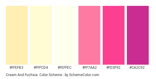 Cream and Fuchsia - Color scheme palette thumbnail - #FFEFB3 #FFFCD4 #FEFFEC #ff7aa2 #FD3F92 #CA2C92 