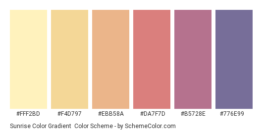 Sunrise Color Gradient - Color scheme palette thumbnail - #FFF2BD #F4D797 #EBB58A #DA7F7D #B5728E #776E99 