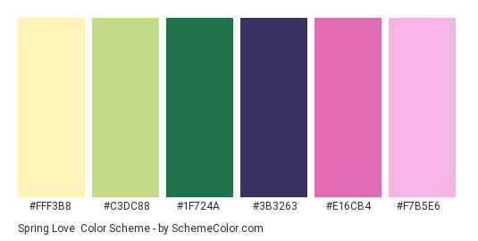 Spring Love - Color scheme palette thumbnail - #FFF3B8 #C3DC88 #1F724A #3B3263 #E16CB4 #F7B5E6 