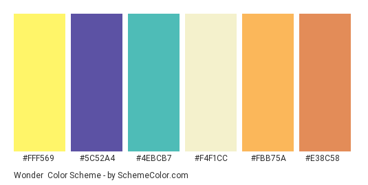 Wonder - Color scheme palette thumbnail - #FFF569 #5C52A4 #4EBCB7 #F4F1CC #FBB75A #E38C58 