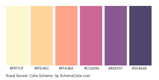 Royal Sunset - Color scheme palette thumbnail - #FFF7CF #FFD49C #FFA48A #CC6896 #885991 #50466B 