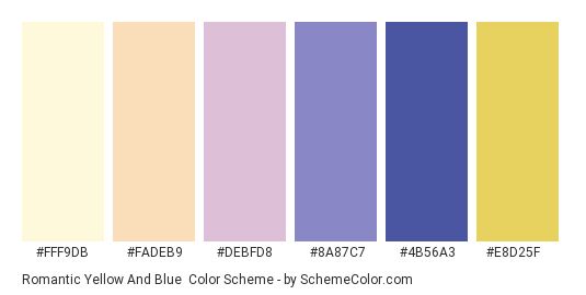 Romantic Yellow and Blue - Color scheme palette thumbnail - #FFF9DB #FADEB9 #DEBFD8 #8A87C7 #4B56A3 #E8D25F 