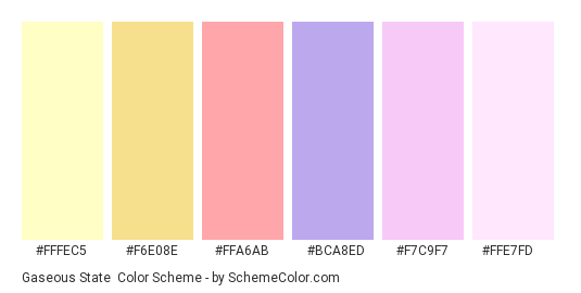 Gaseous State - Color scheme palette thumbnail - #FFFEC5 #F6E08E #FFA6AB #BCA8ED #F7C9F7 #FFE7FD 