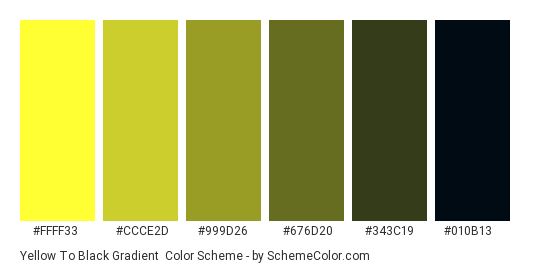 Yellow to Black Gradient - Color scheme palette thumbnail - #FFFF33 #CCCE2D #999D26 #676D20 #343C19 #010B13 