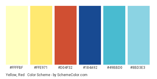 Yellow, Red & Blue - Color scheme palette thumbnail - #FFFFBF #FFE971 #D04F32 #184A92 #49BBD0 #8BD3E3 