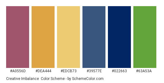 Creative Imbalance - Color scheme palette thumbnail - #a0556d #dea444 #edcb73 #39577e #022663 #63a53a 