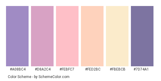 Peaceful Dawn - Color scheme palette thumbnail - #a08bc4 #d8a2c4 #febfc7 #fed2bc #fbebcb #7d74a1 