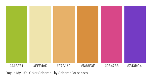 Day in My Life - Color scheme palette thumbnail - #a1bf31 #efe4ad #e7b169 #d88f3e #d84788 #743bc4 