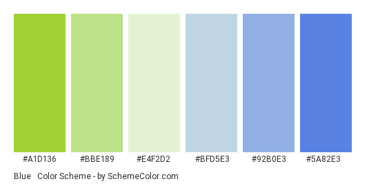 Blue & Green Pattern - Color scheme palette thumbnail - #a1d136 #bbe189 #e4f2d2 #bfd5e3 #92b0e3 #5a82e3 