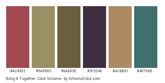 Bring it Together - Color scheme palette thumbnail - #a24952 #9a9065 #6a603e #3f2e40 #ac8b61 #40706b 