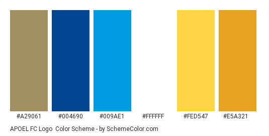 APOEL FC Logo - Color scheme palette thumbnail - #a29061 #004690 #009ae1 #ffffff #fed547 #e5a321 