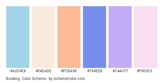 Booking - Color scheme palette thumbnail - #a2d4e8 #faeade #fcba98 #768eeb #c4acf7 #f9ddf3 