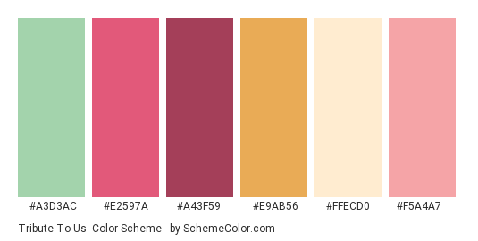 Tribute to Us - Color scheme palette thumbnail - #a3d3ac #e2597a #a43f59 #e9ab56 #ffecd0 #f5a4a7 