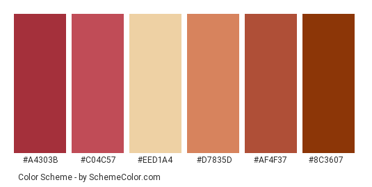 Stairway To Heaven - Color scheme palette thumbnail - #a4303b #c04c57 #eed1a4 #d7835d #af4f37 #8c3607 
