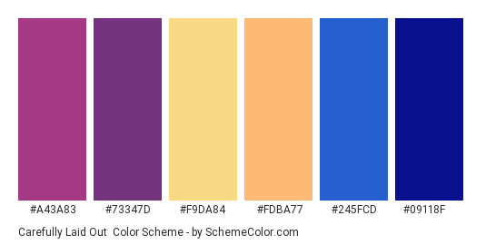 Carefully Laid Out - Color scheme palette thumbnail - #a43a83 #73347d #f9da84 #fdba77 #245fcd #09118f 
